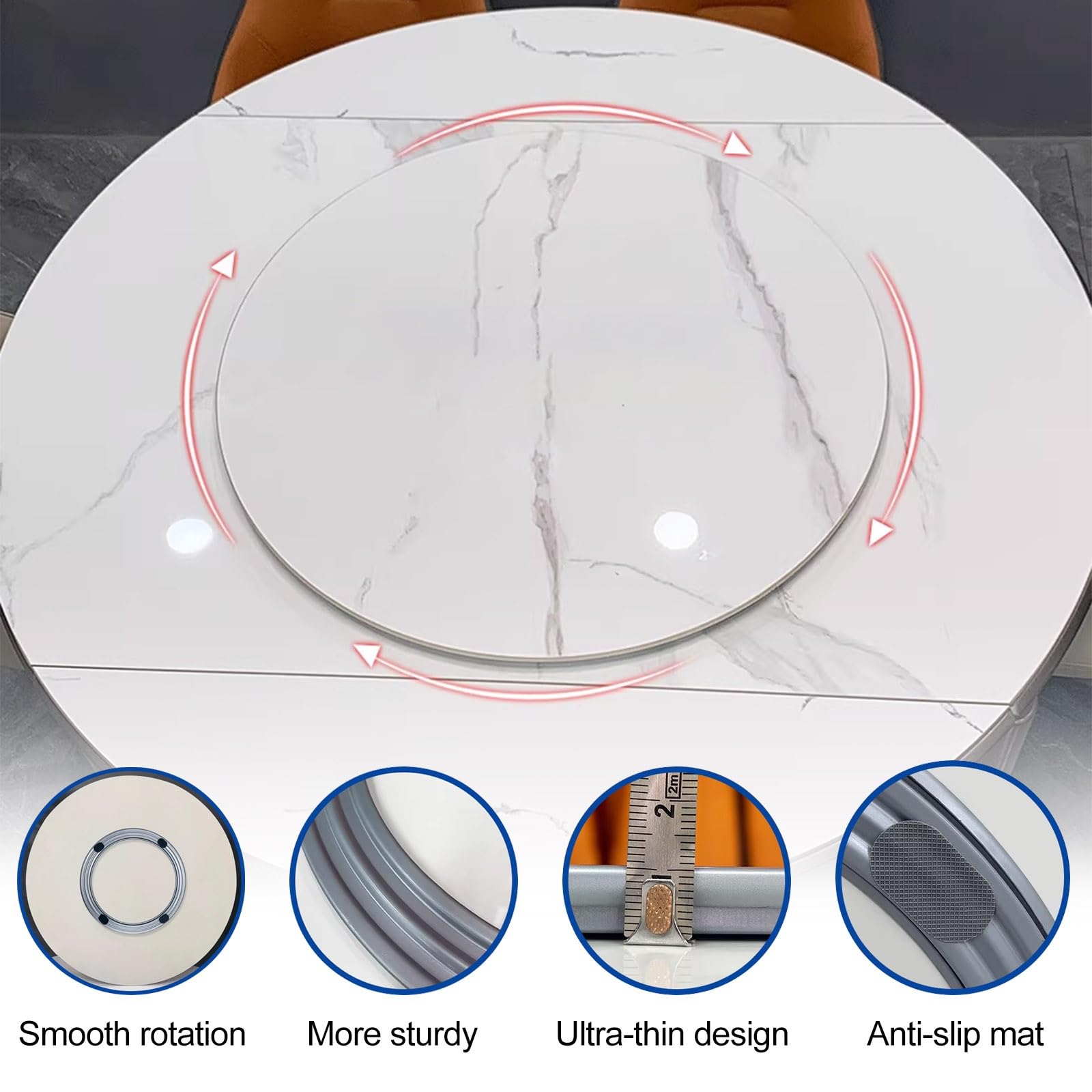 90cm Bandeja de Servicio Lazy Susan de Patrón de Mármol, 70cm Organizador de Mesa, Plato Giratorio Antideslizante Redondo, para Fiestas Hogar Cocina(Gray,60cm/24in)
