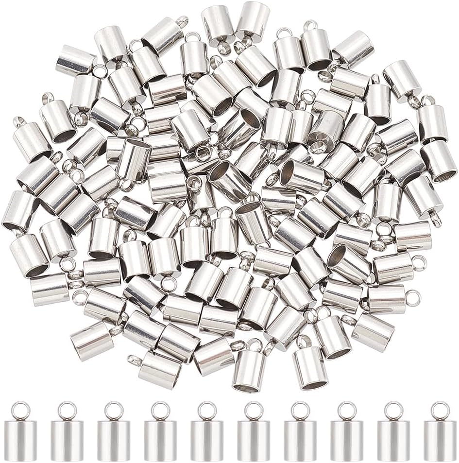 UNICRAFTALE 100pcs Barrel End Caps 100pcs Stainless Steel Cord Ends 4mm Inner Diameter Smooth End Caps Terminators Cord Finding for Jewelry Making Kit, Stainless Steel Color