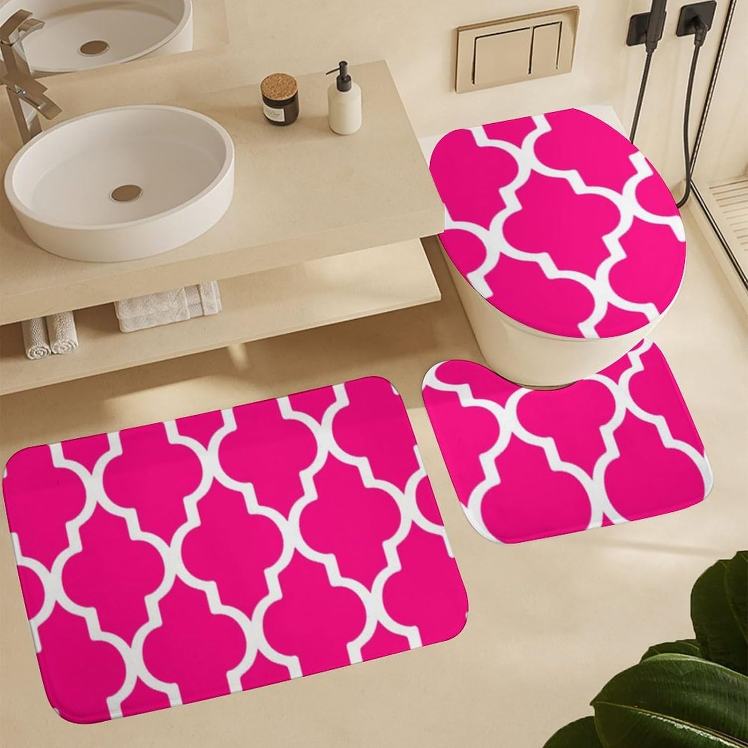 4 Pieces Hot Pink Quatrefoil Shower Curtain Sets, Bathroom Sets with Shower Curtain & Rugs, Bathroom Decor Rug Toilet Lid Cover & Non-Slip U Shape Mat Waterproof Shower Curtain with 12 Hooks