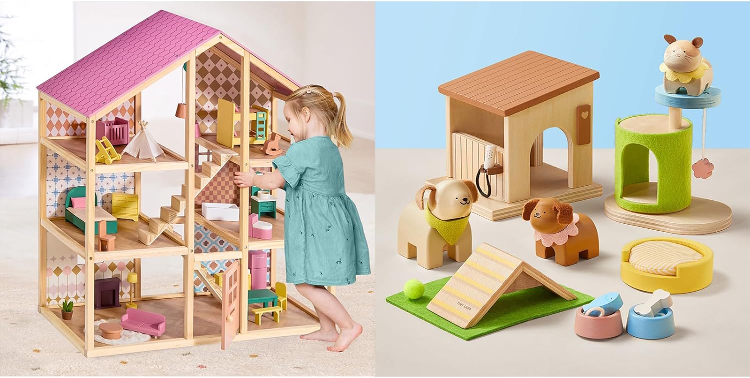 Tiny Land Wooden Dollhouse，Wooden Dollhouse Animal Set