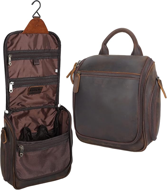 Masa Kawa Leather Travel Hanging Toiletry Bag for Men Portable Brown Large | Real Cowhide Camping Cosmetics Makeup Toiletries Organizer Tsa Approved Vintage Bathroom Shaving Kit Wash Bags