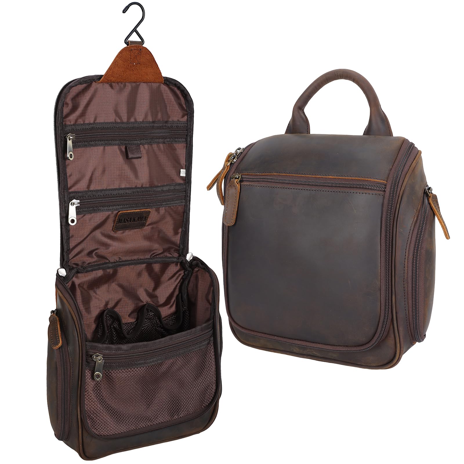 Masa Kawa Leather Hanging Travel Toiletry Bag for Men Portable Expandable Camping Cosmetics Makeup Toiletries Organizer Vintage Bathroom Shaving Kit