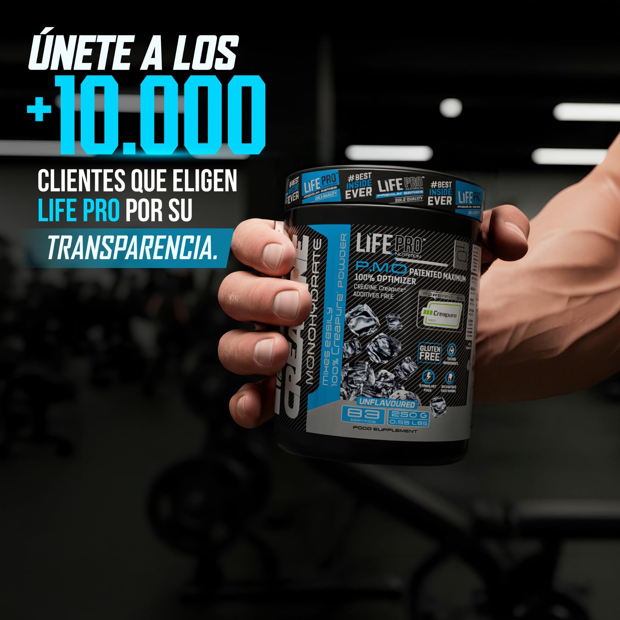 Creatine Monohydrate Creapure Life Pro 250g – Créatine Micronisee Pure – Jusqu’à 83 Doses – Sans Gluten – Pour Force, Énergie et Récupération Musculaire – Qualité Allemande (250g, Sin sabor)
