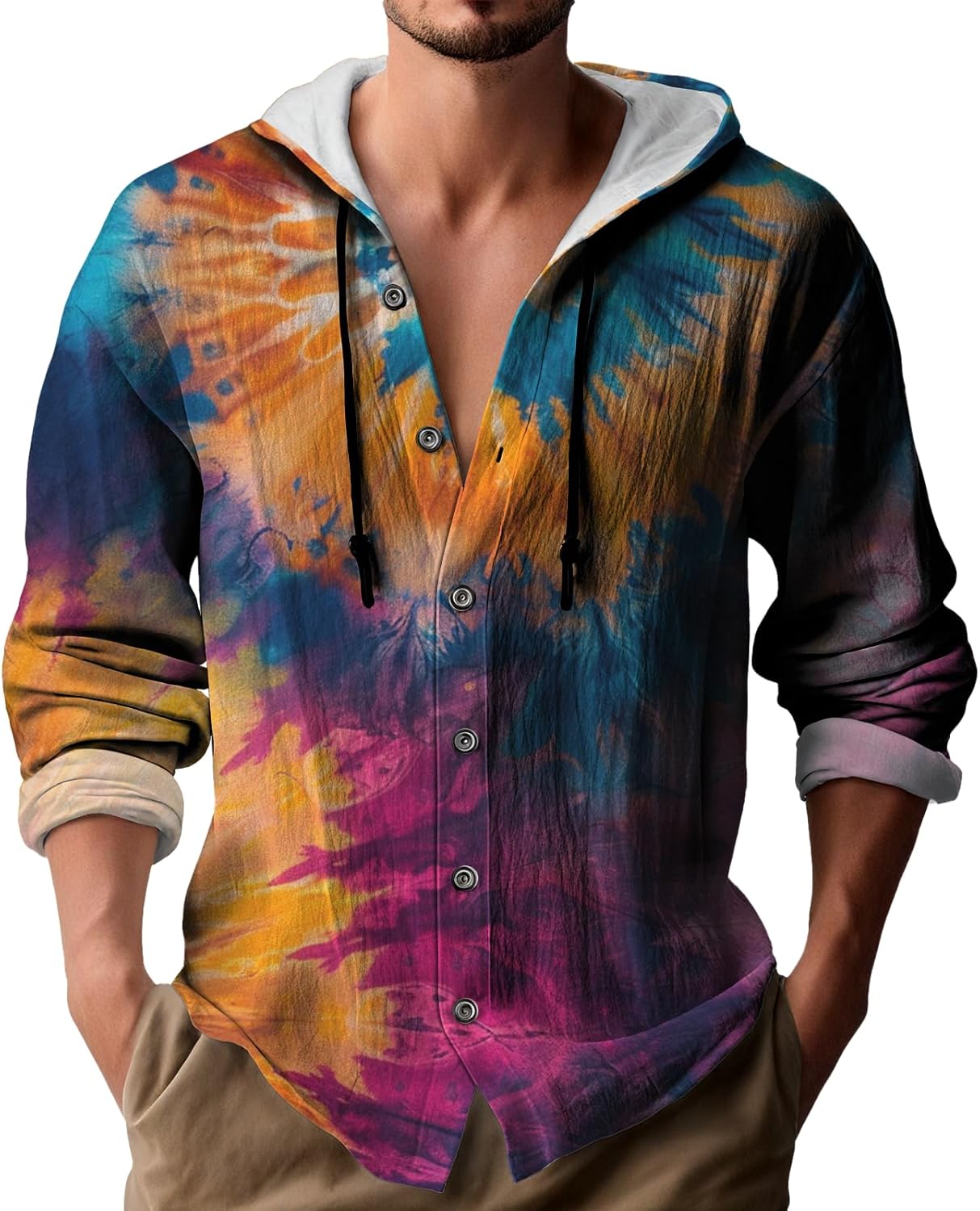 MARSVOVO Mens Sweatshirts Summer Long Sleeve Drawstring Button Up Shirts with Hood Loose fit Beach 2025 Hawaiian Hoodies