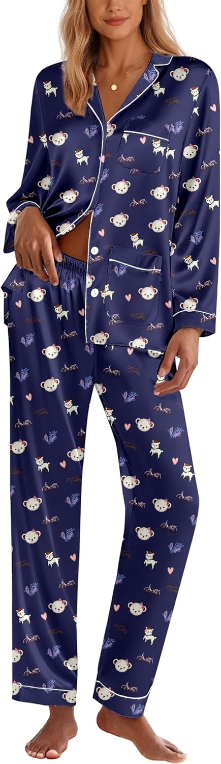 Ekouaer Silk Pajamas for Women Classic Button Down Satin Pajama Sets Long Sleeve Lounge Set