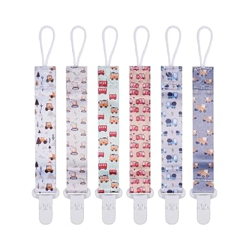 Baby Pacifier Clip,Paci Leash Binky Clips for Baby Boys and Girls,Newborn Essentials,Pack of 6 Gift Set. Construction Truck