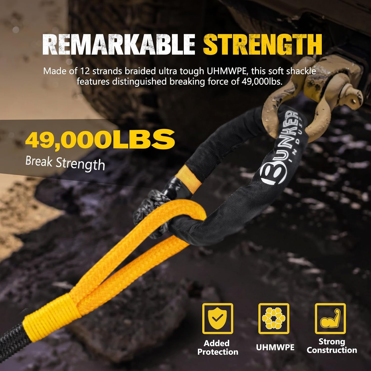 BUNKER INDUST 2Pcs Synthetic Soft Shackle Rope,1/2 Inch x 23 Inch (49,000 LBS Breaking Strength) Winch Towing Recovery Shackles for Offroad 4x4 Vehicles Truck, SUV, ATV, UTV