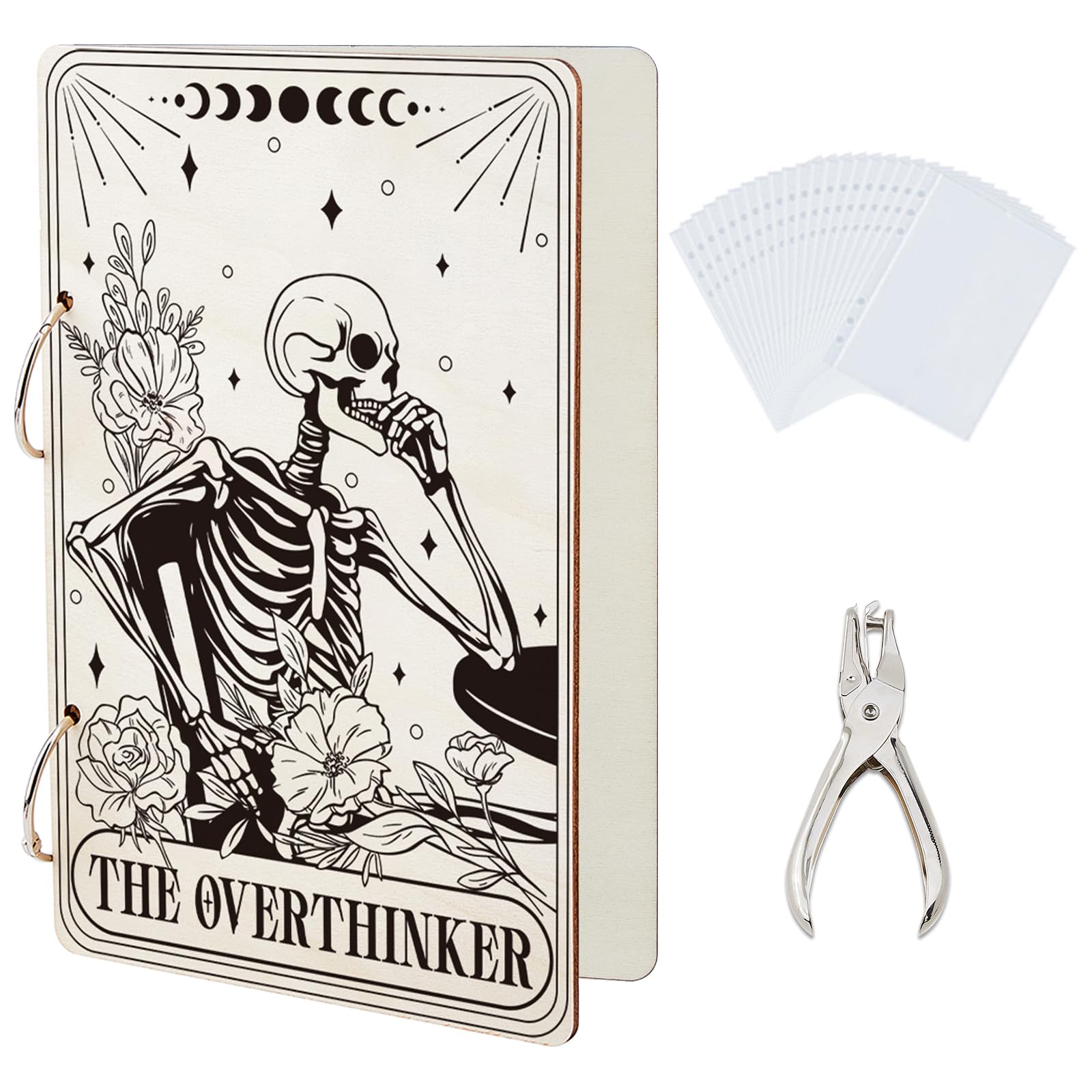 SUPERDANT Skeleton and Flowers Greeting Card Organizer The Overthinker Wooden Card Keeper Binder Skull Greeting Cards Storage Gothic Photo Album 2-Rings Cover with Punch and 20pcs Inner Pockets