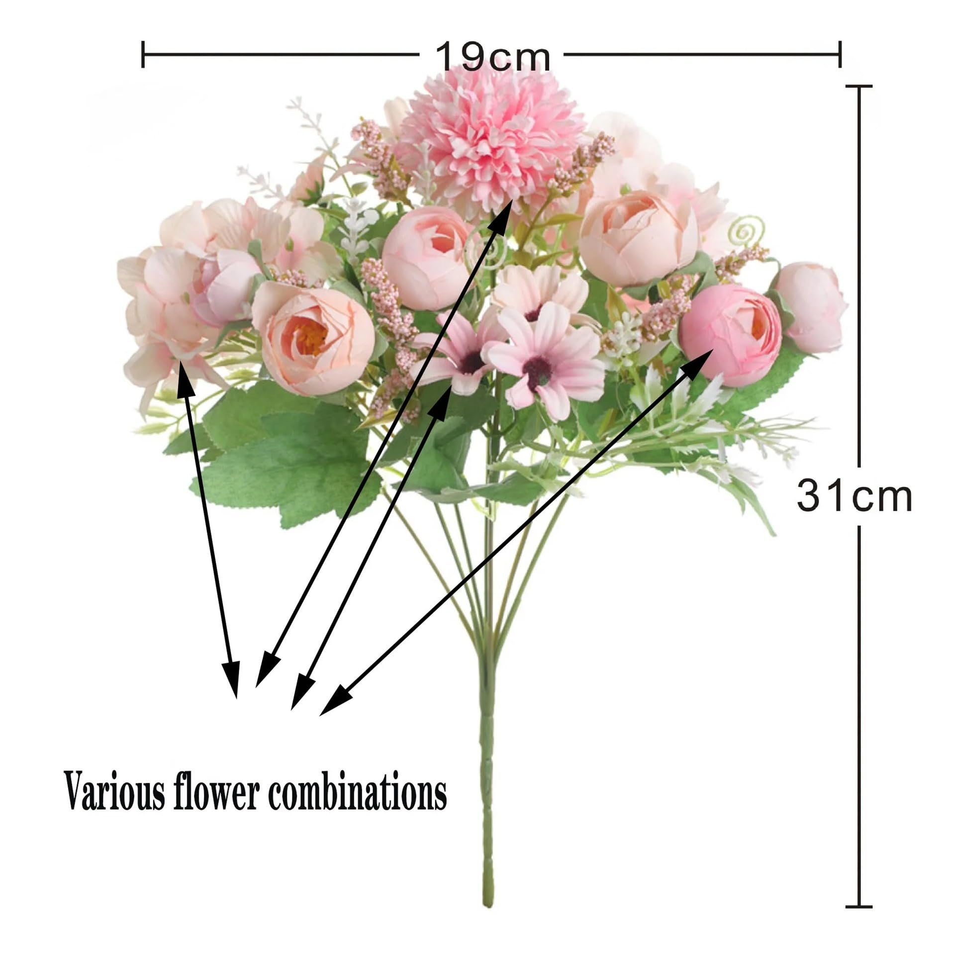 1 mazzo di fiori artificiali, vari bouquet di rose in seta, ortensia peonia, per contenere fiori finti, matrimonio in famiglia (bianco)