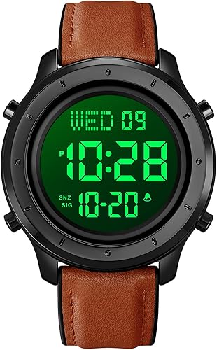 PASOY Reloj de cuero digital con esfera grande para hombre, simple pantalla grande, alarma de cuenta regresiva, cronómetro, retroiluminación LED,