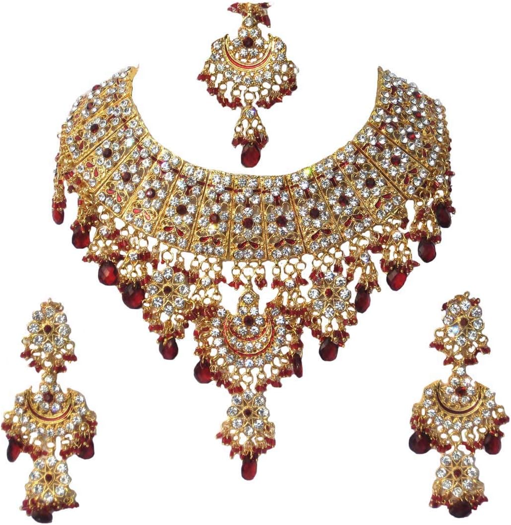 Retailbees Zircon Indian Wedding Designer Necklace Jewelry with Earrings Maang Tikka Set