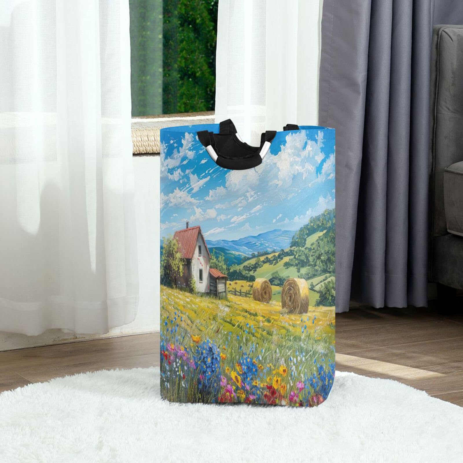 Jihqo Laundry Hamper Basket Beautiful Countryside House Collapsible Nursery Storage Bin Waterproof Clothing Baskets for Home Bedroom Bathroom Washing Room