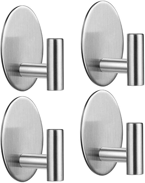 Aikzik Set of 4 Self-Adhesive Max 8 kg Robe Hook Towel Hook Wall Hook Stainless Steel Rustproof Bathroom and Kitchen Towel Rail Clothes Hook No Drilling Required Silver