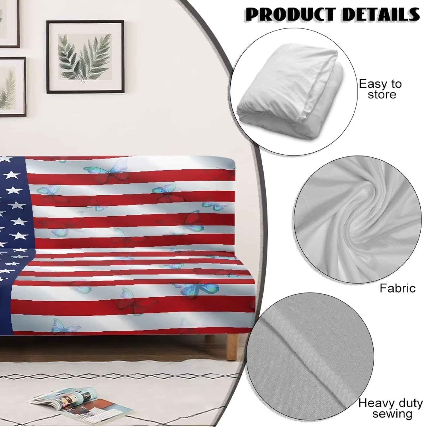 Stretch Sofa Slipcover Patriotic American Flag Armless Futon Bed Cover Furniture Protector Without Armrests with Elastic Bottom for Kids and Pets