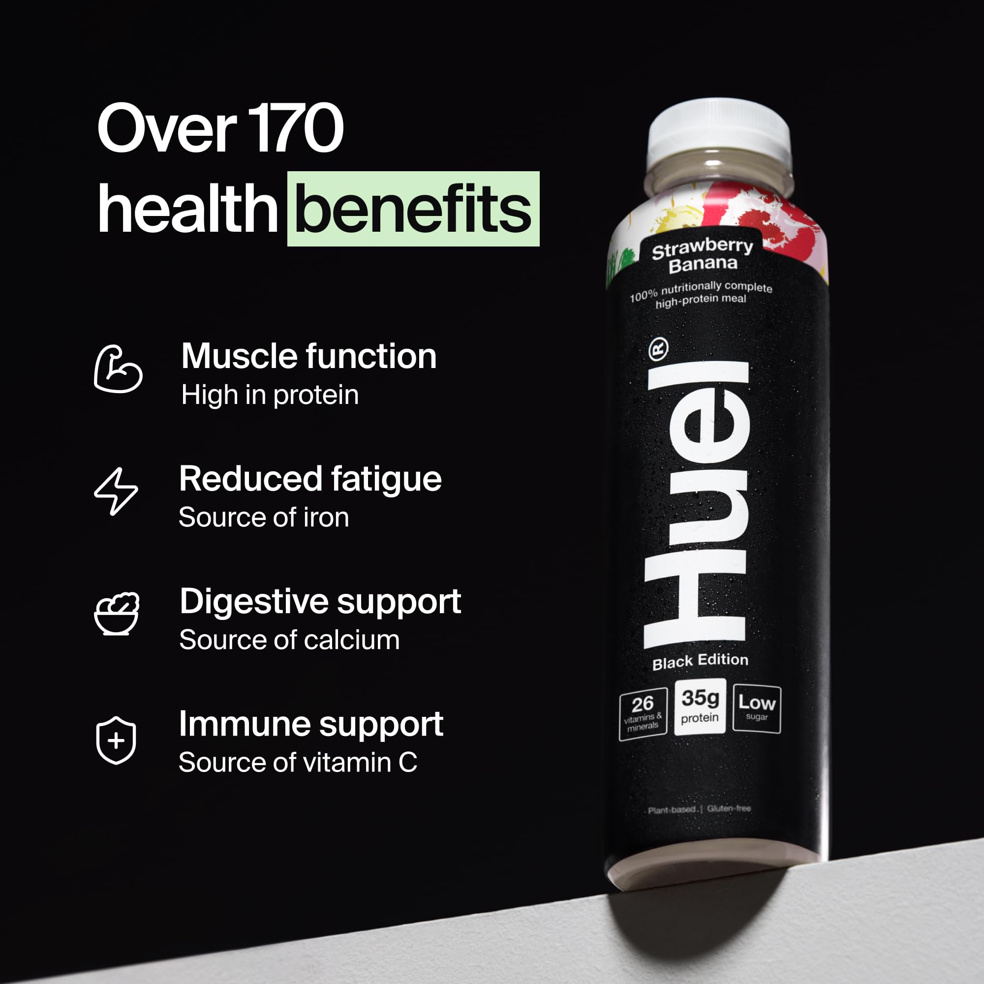 Huel Black Edition Prêt-à-boire, 8 bouteilles de 500 ml, Shakes protéinés,  saveur fraise et banane, boisson riche en protéines, 35 g de protéines par  bouteille, riche en vitamine D, acides gras :
