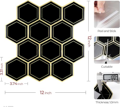 Miniatura 5 de Livelynine Azulejos de 32 azulejos de 12 x 12 pulgadas para despegar y pegar para baño, hexagonal, color negro y dorado, azulejos autoadhesivos para