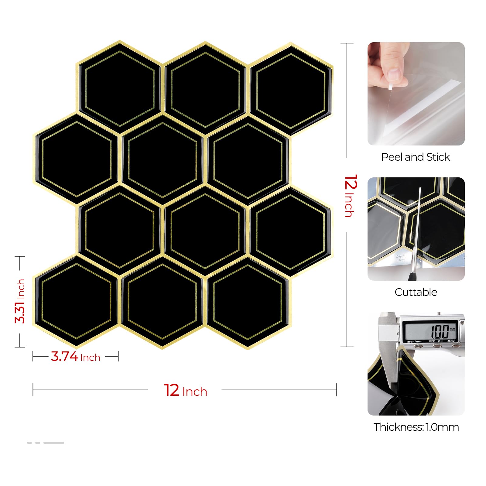Livelynine Baldosas Adhesivas Pared Cocina Negro y Dorado 30X30CM Lavable Azulejos Adhesivos Cocina 3D 32 Losetas Azulejos Adhesivos Baño Vinilo Adhesivo Pared Cocina Losetas Autoadhesivas Pared Baño