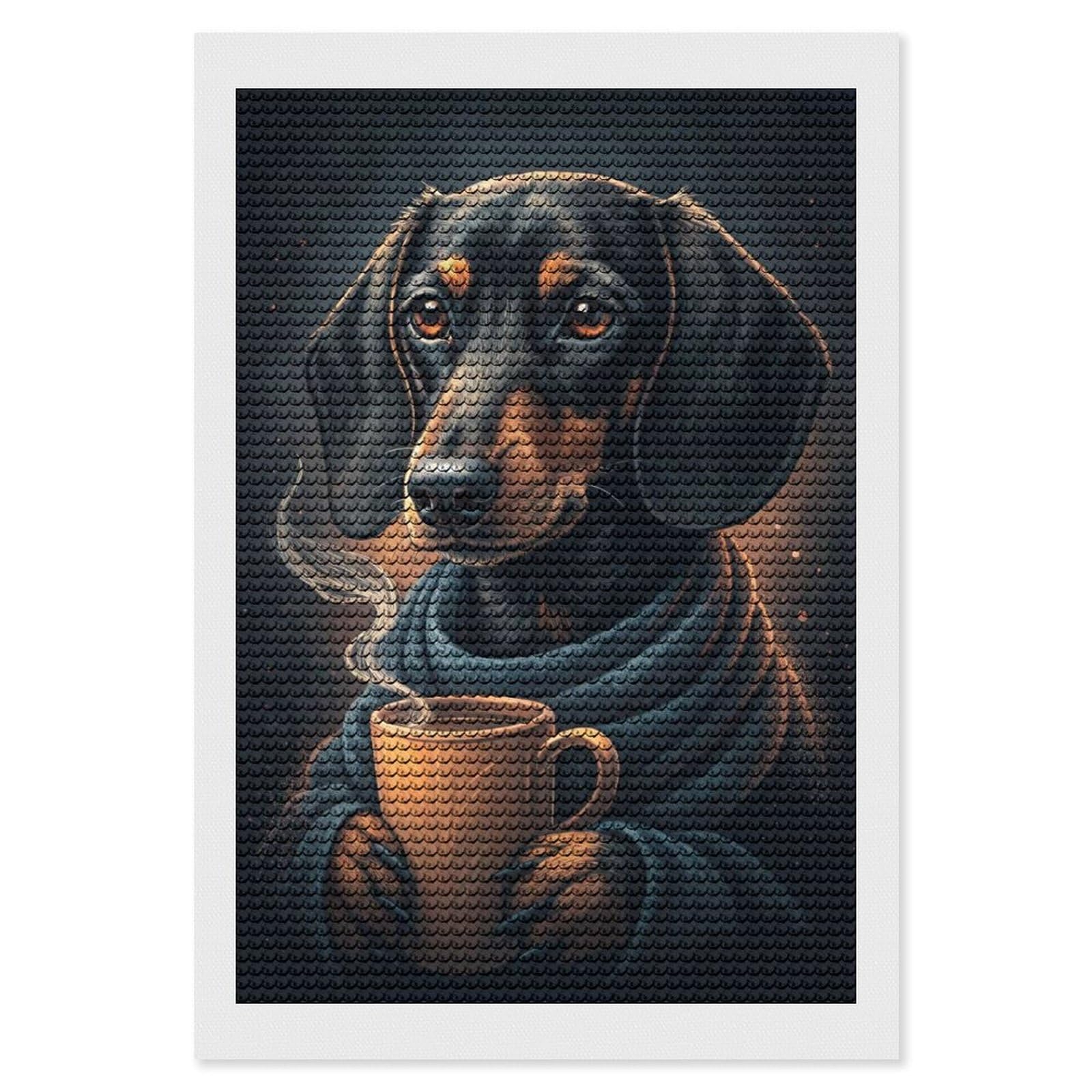 Junmoney Dachshund with Coffee and Scarf Diamond Art Canvas 8"x12", for Family Craft Time, Creative Leisure Activity, Living Room Decor, Festive Craft Gift