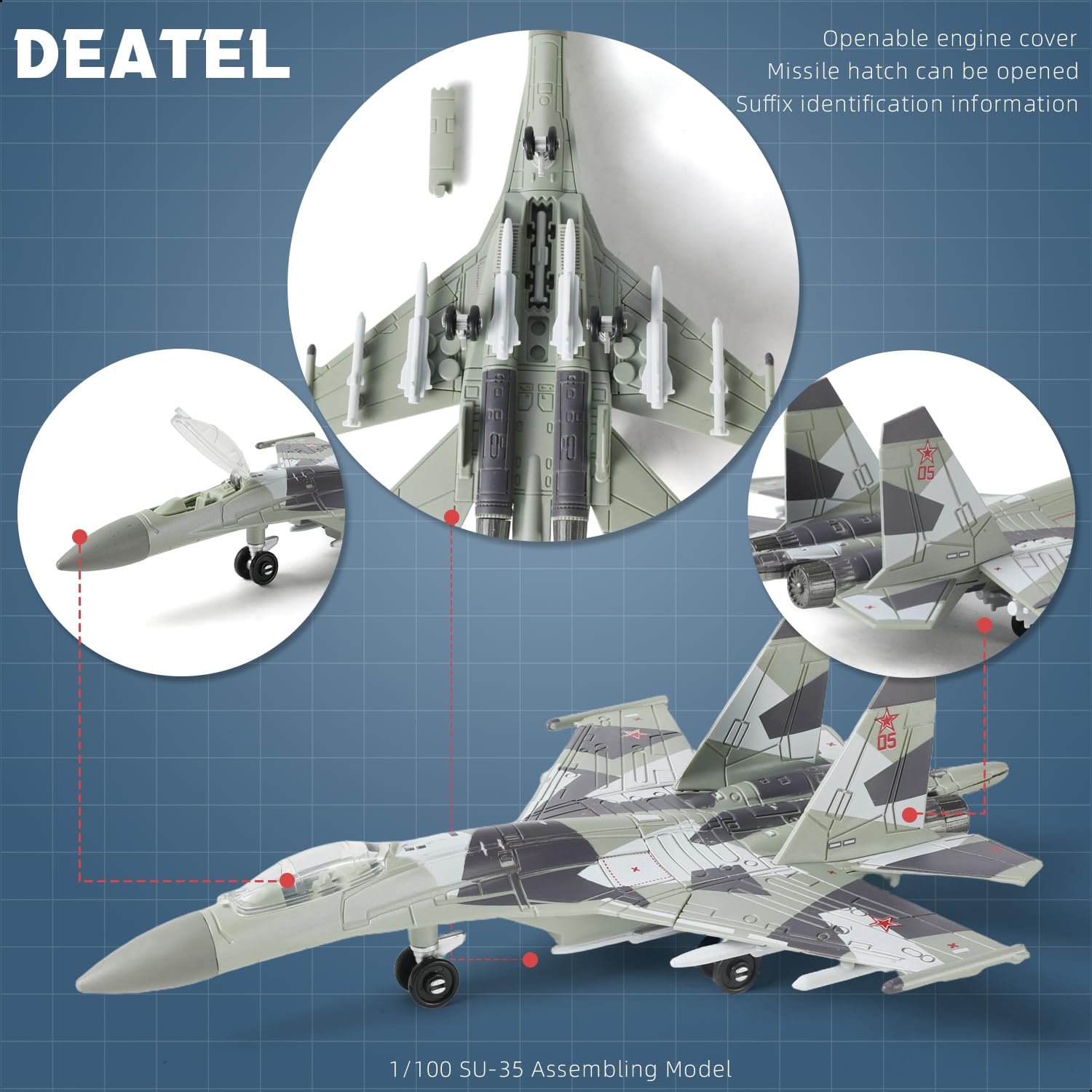 SEBUNAS 1:100 Scale SU-35 Fighter Jet Model Kit Plastic Millitary Jet Plane Assembly Aircraft Model with Stand Collection or Gift for Adults and Kids (34 Pieces) - Image 3