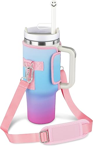 REX-SANTO Soporte para botella de agua para copa Stanley, compatible con vaso de 40 onzas con asa, correa de hombro ajustable, anti caídas y fugas,