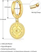 Vista 6 de Aretes de moneda de oro para mujer, chapados en oro de 14 quilates, aretes de aro delicados con moneda de dije mal de ojo