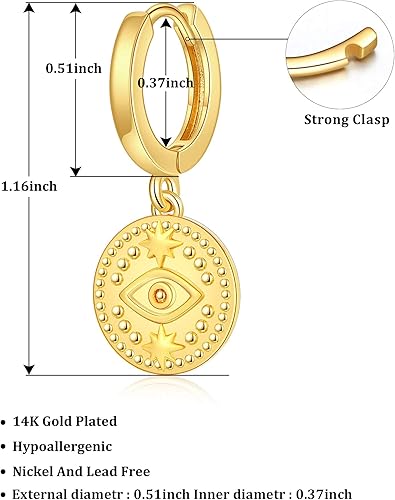 Miniatura 6 de Aretes de moneda de oro para mujer, chapados en oro de 14 quilates, aretes de aro delicados con moneda de dije mal de ojo