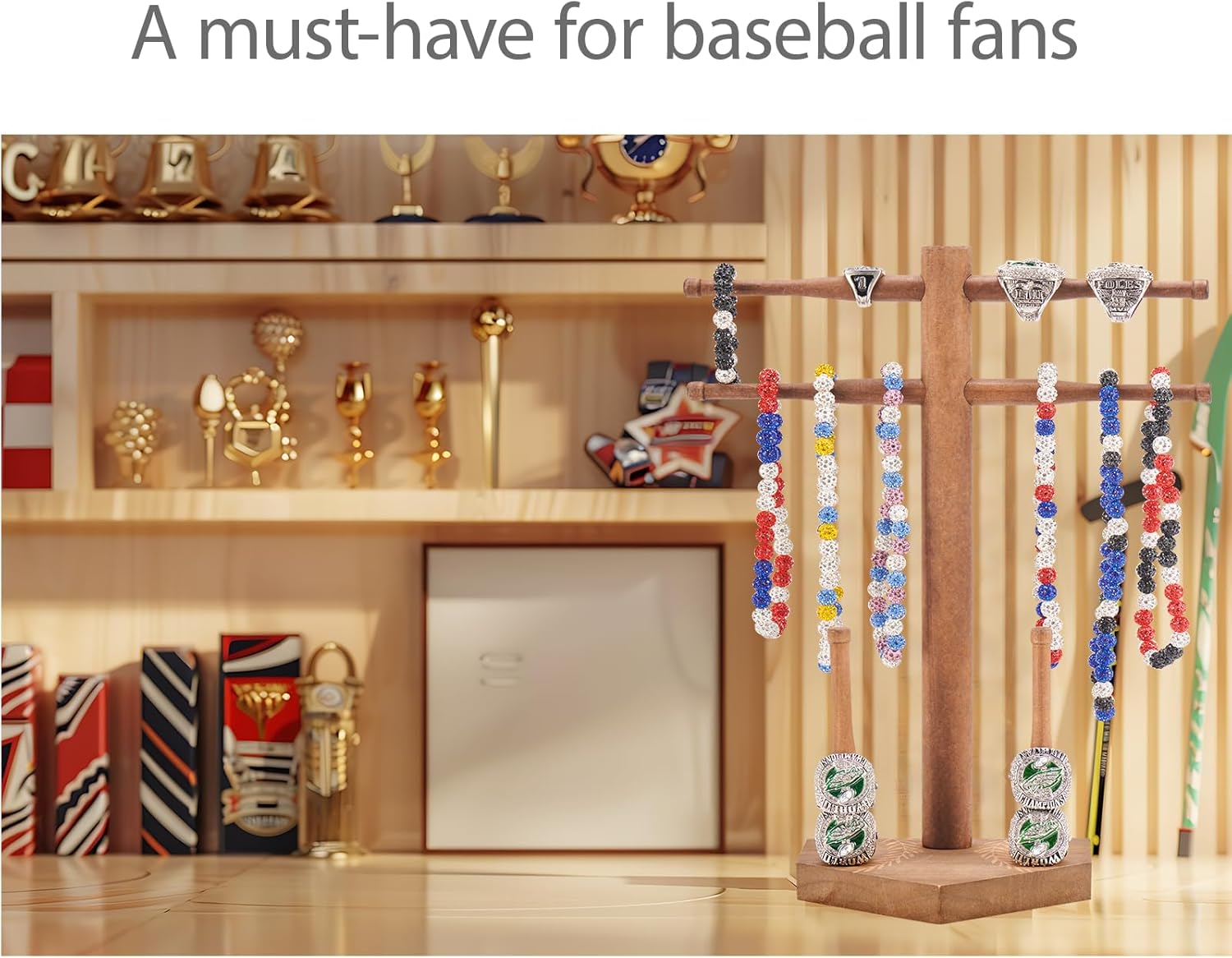 NEW Wooden Baseball & Softball Championship Ring Holder with Drip Necklace Display – Sports Organizer Baseball Gifts for Jewelry & Awards(NO TEXT) - Image 6