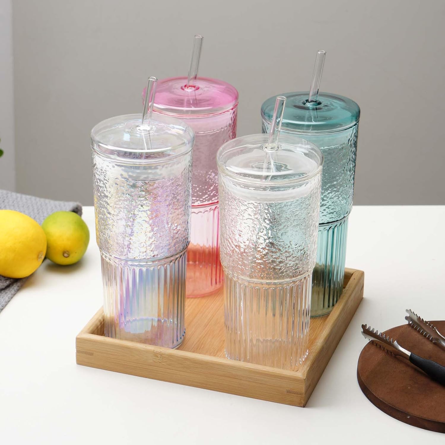 Glass Cups with Straws and Lids 2Pcs, 20oz Drinking Jar Glass Tumblers Iced Coffee Cups, Vintage Ripple Glassware Smoothie Cups for Water Coffee Tea Milk Cold or Hot Drinks (Green & Iridescent) - Image 7