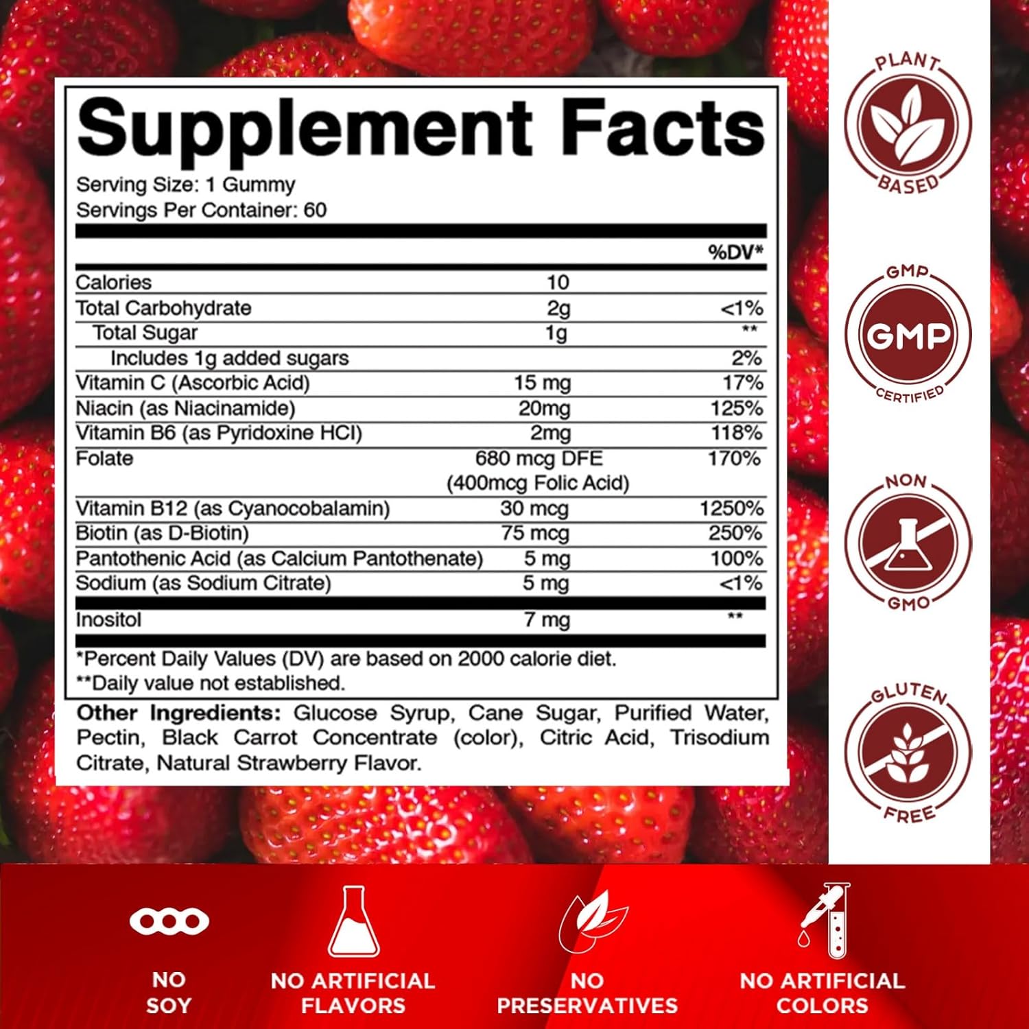 Vitamatic Vitamin B Complex Gummies with Vitamin C & Inositol - Natural Strawberry Flavor - 60 Gummies (3 Bottles)