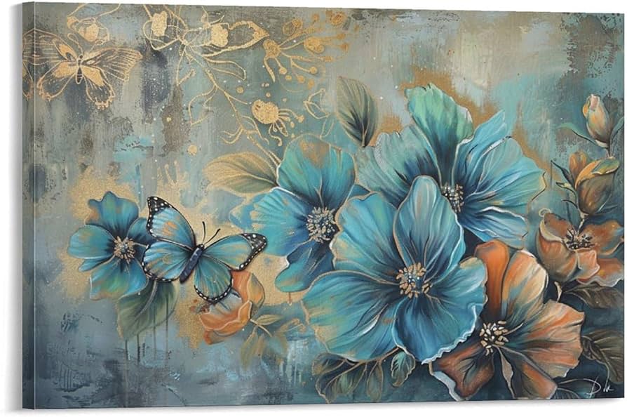 大きい 蝶と花の絵画【額付き】