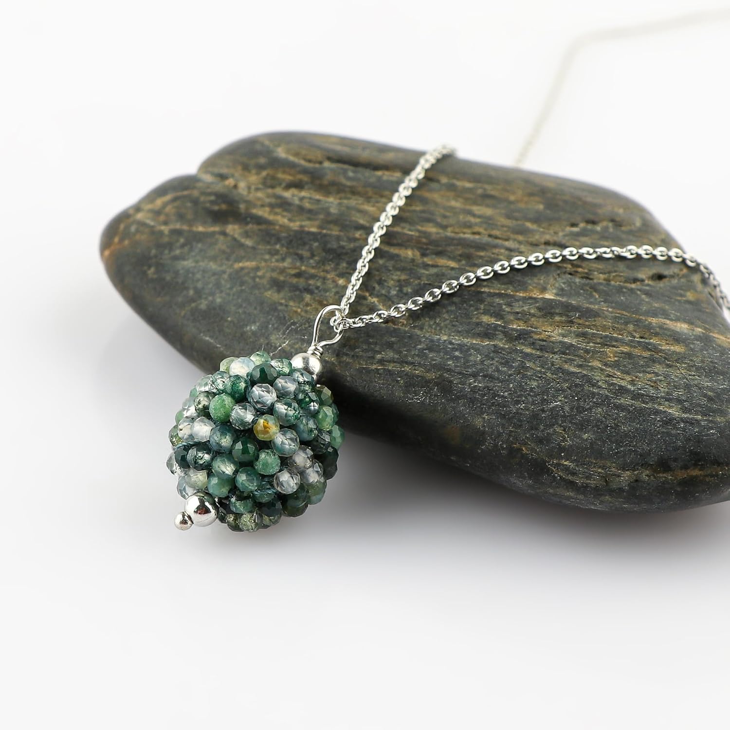 CRYSTALIS Natural Moss Agate Crochet Beads Pendant Necklace, Beaded Micro Ball Shape Crystals, Chakra Healing Gemstone, Women Jewelry, Sterling Silver 18 inch - Image 4
