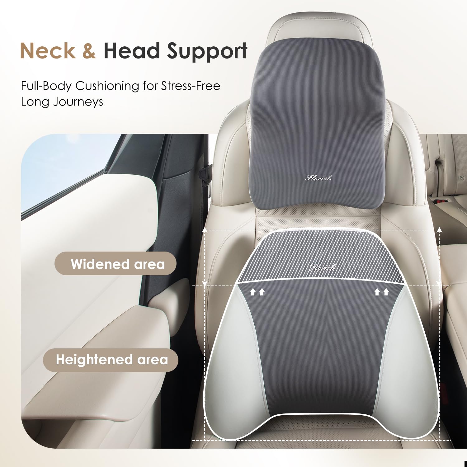 FLORICH Car Seat Cushion & Lumbar Support Pillow & Car Neck Pillow Ergonomic and 100% Memory Foam, Upgraded Larger and Breathable Car Seat Cushion & Back Support Pillow - Grey