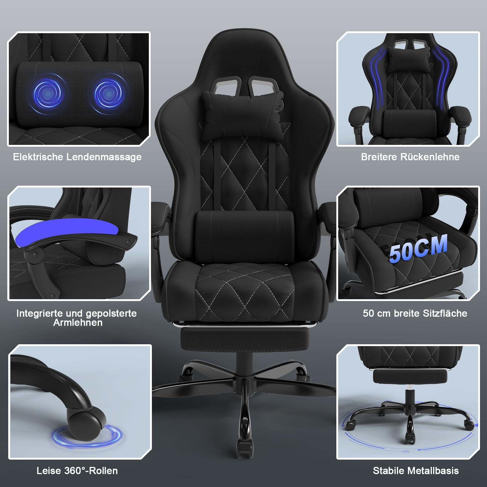 Devoko Gaming Stuhl Stoff ergonomisch mit Massagefunktion und Fußstütze, Taschenfederkernpolster, 135° verstellbar, atmungsaktiv für Home Office oder Gaming Zimmer schwarz