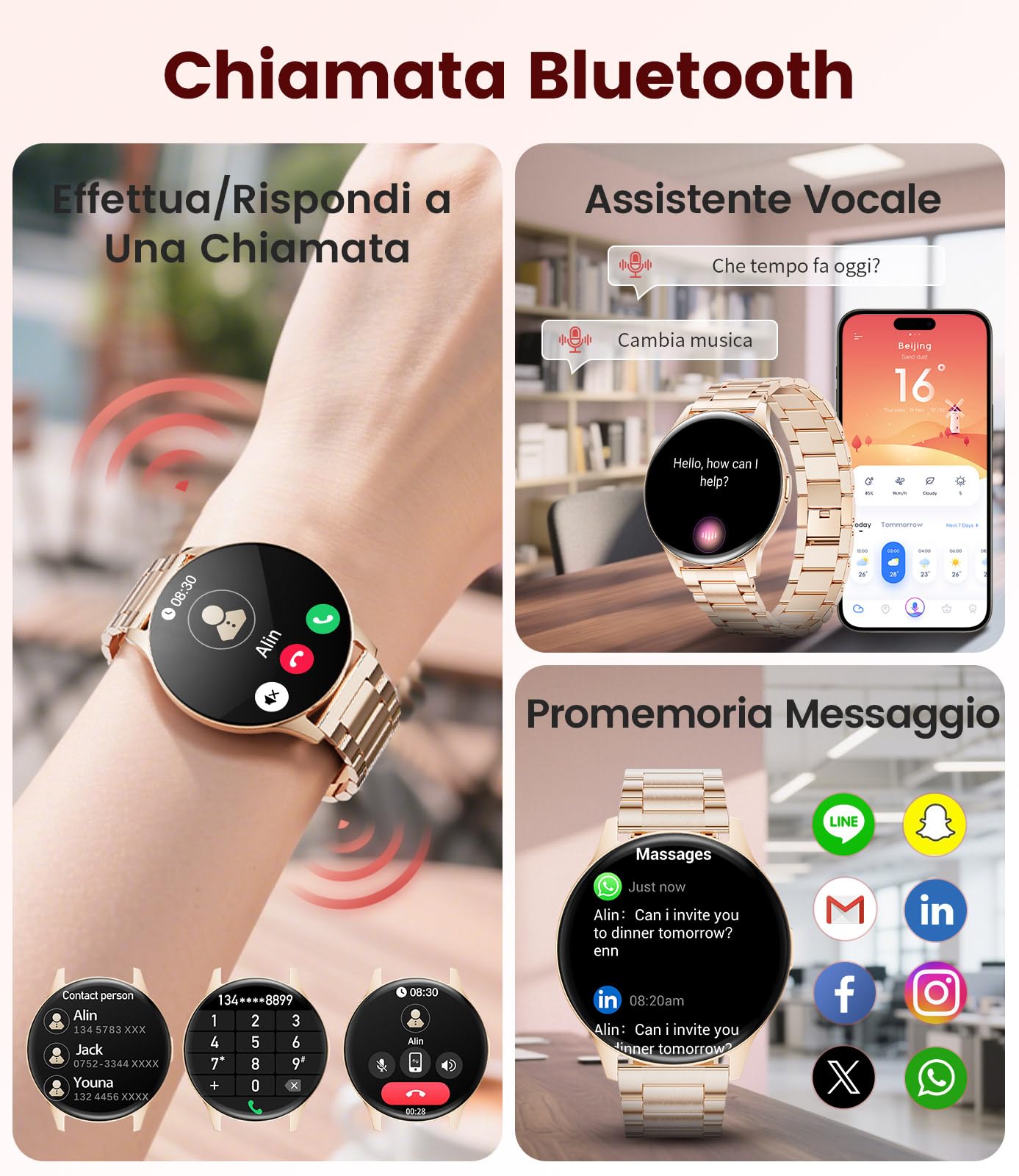 LIGE Smartwatch Donna con Chiamate Bluetooth, 1.43" Amoled Rotondo Fitness Tracker con Cardiofrequenzimetro/Monitoraggio Sonno/Ciclo Mestruale, 100+ Modalità Sportive IP68 per iOS Android, Oro Rosa