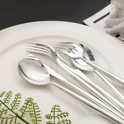 Miniatura 4 de Rubtlamp 180 Piezas Cubiertos de Plástico Plateado, Utensilios Plateados Resistentes, Cubiertos de Plástico Elegantes, Cubiertos Desechables