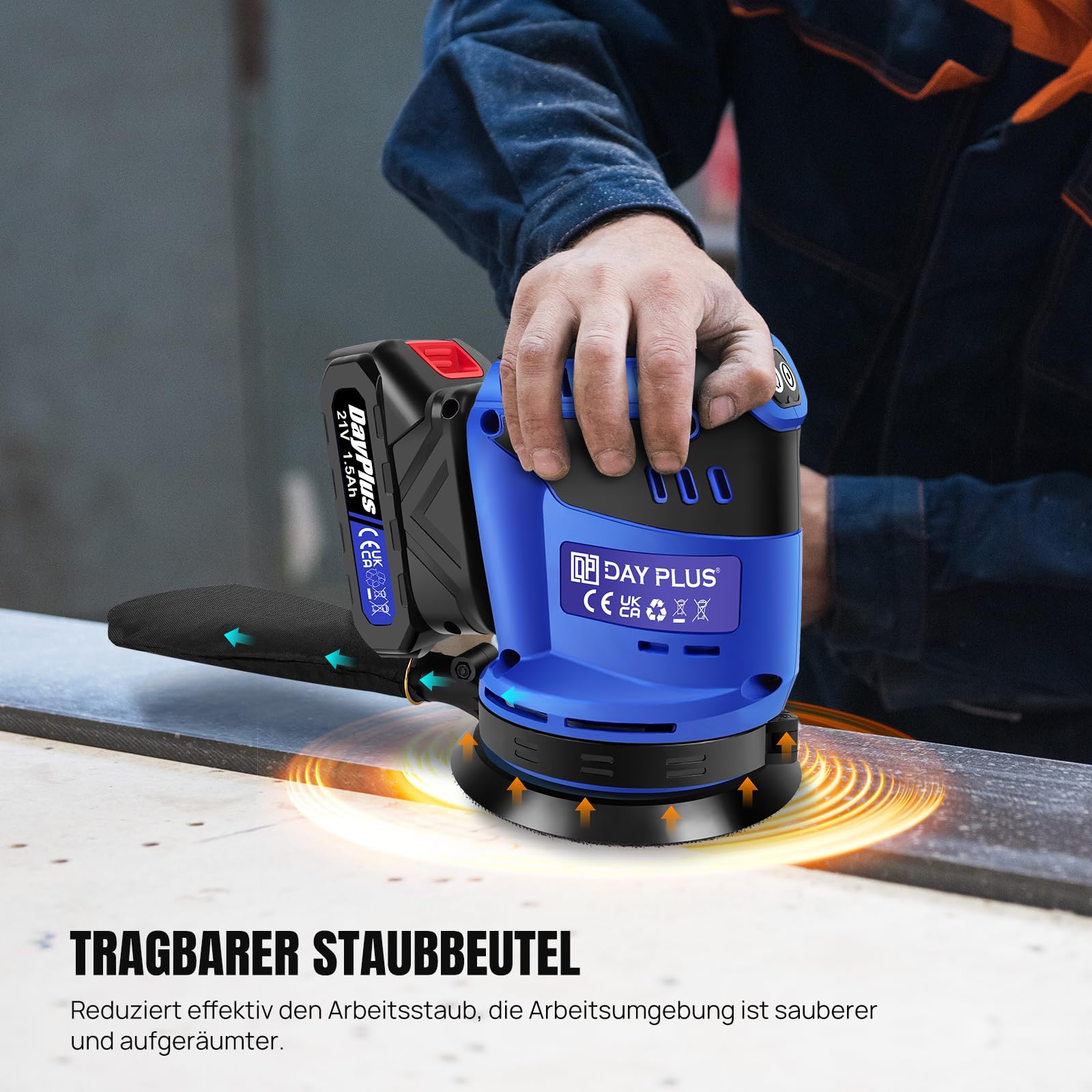 Levigatrice orbitale portatile a batteria da 21 V – velocità a 3 livelli con batteria da 1,5 A e caricatore rapido, disco da 125 mm, 12 pezzi di carta vetrata, sacchetto per la polvere, blu