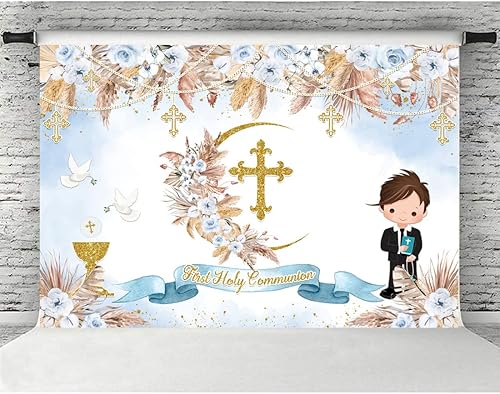 Miniatura 3 de Telón de fondo para la primera comunión de 5 x 3 pies para niños Mi Primera Comunión azul Flor Boho Pampas Mi Bautizo Bautismo Bautizo Bautizo