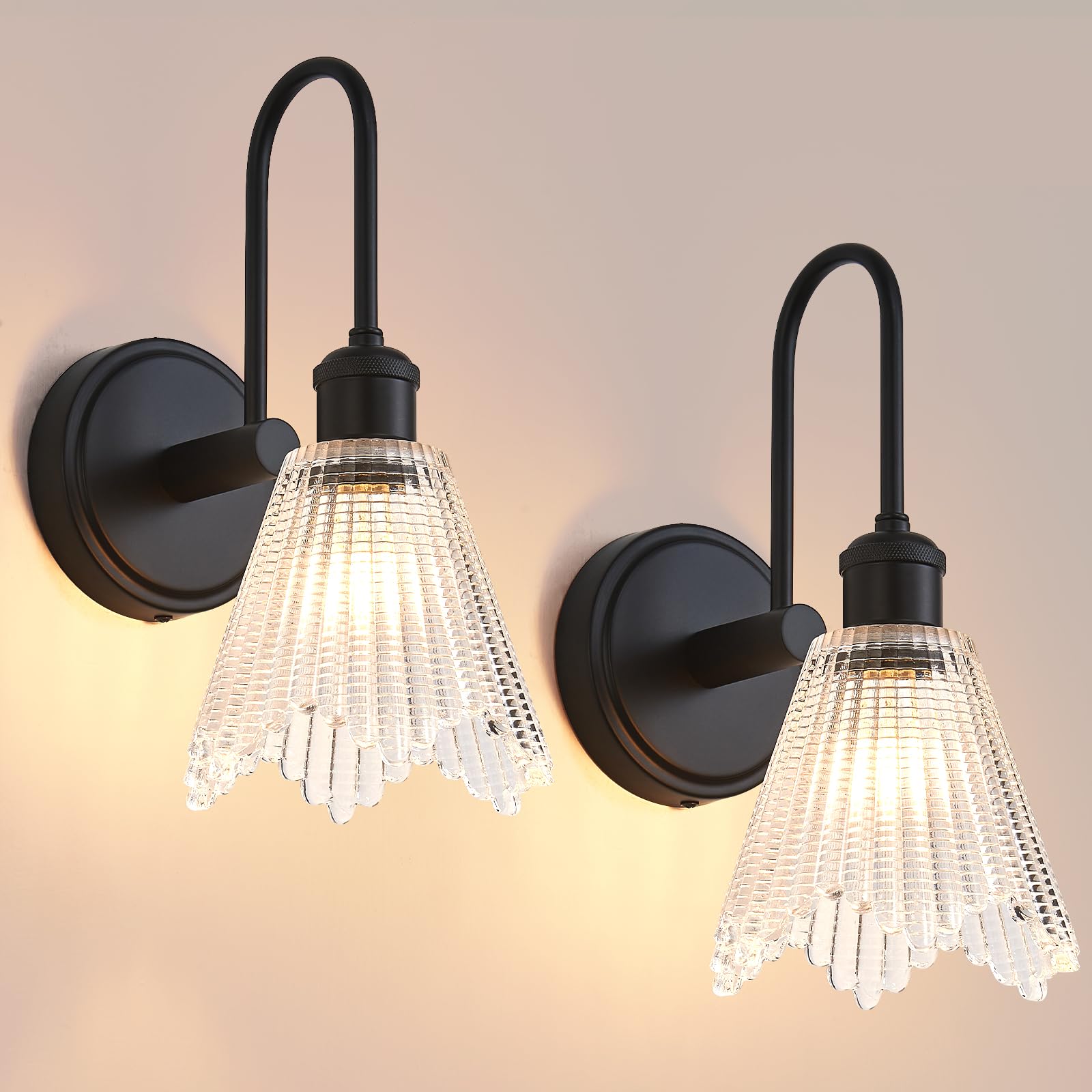 Vikdio Wall Sconce Set of 2, Black Vintage Light Fixtures with Long Clear Glass Lampshade, Hardwired Sconces Wall Lighting for Bedroom, Bathroom, Living Room | Includes 2 LED Bulbs