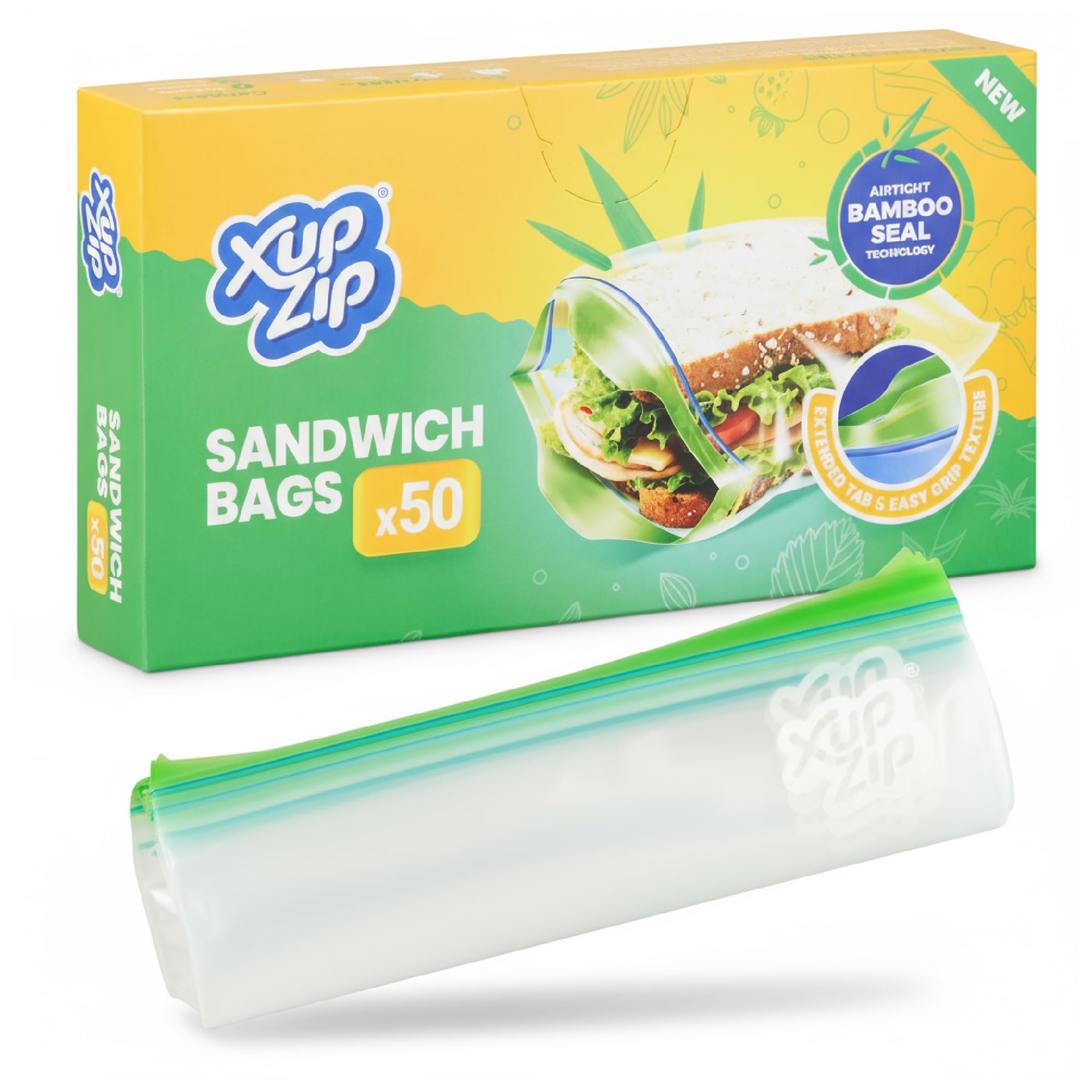 Xupzip Clear Bag, Green Zip Reusable Sandwich Bags – 19Cm X 17Cm Small Zip Lock Bag With Airtight Bamboo Seals – Easy To Open Food Freezer Bags – Heavy Duty Food Bag For Sandwiches & Snacks – 50 Pcs