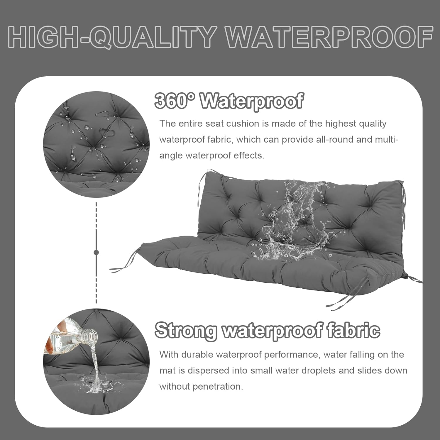 Premium 5"Thick Waterproof Outdoor Swing Cushions Sturdy Durable 2-3 Seat Replacement Porch Swing Cushions with Backrest&Ties Bench Cushion for Outdoor Furniture Backyard Patio(Gray60x40inch)