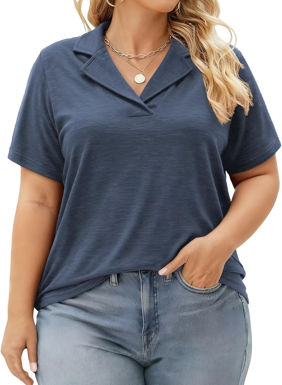 DOLNINE Plus Size Polo Shirts for Women V Neck Collared Shirt Casual Short Sleeve Tops Summer Loose Fit Dressy Tunic Blouses