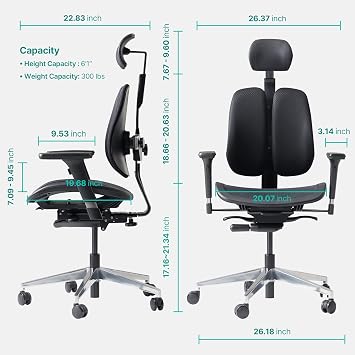 Dual-Backrests Alpha - Ergonomic Office Chair, Breathable Mesh Office Chair, Synchronized Tension Tilt, Posture and Pressure Distribution, Fully Adjustable Headrest and Armrest (Black)
