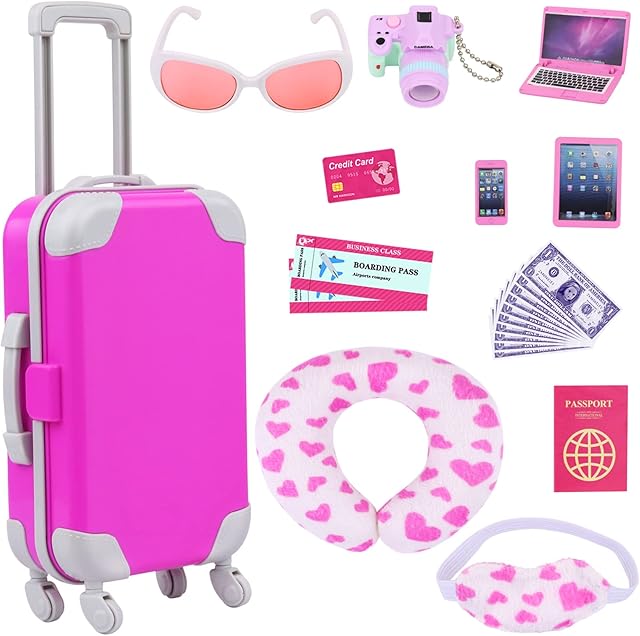 ZITA ELEMENT Doll Travel Suitcase 16 PCS=1 suitcase+ 2 Air tickets + 1 Passport and other 12 Accessories - For American 18 Inch Girl Dolls Travel Accessories