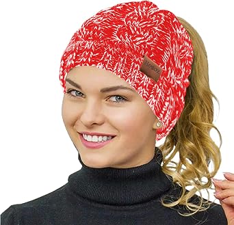 Rosoz Ponytail Beanie for Women,Winter Warm Beanie Tail Soft Stretch Cable Knit Messy High Bun Hat