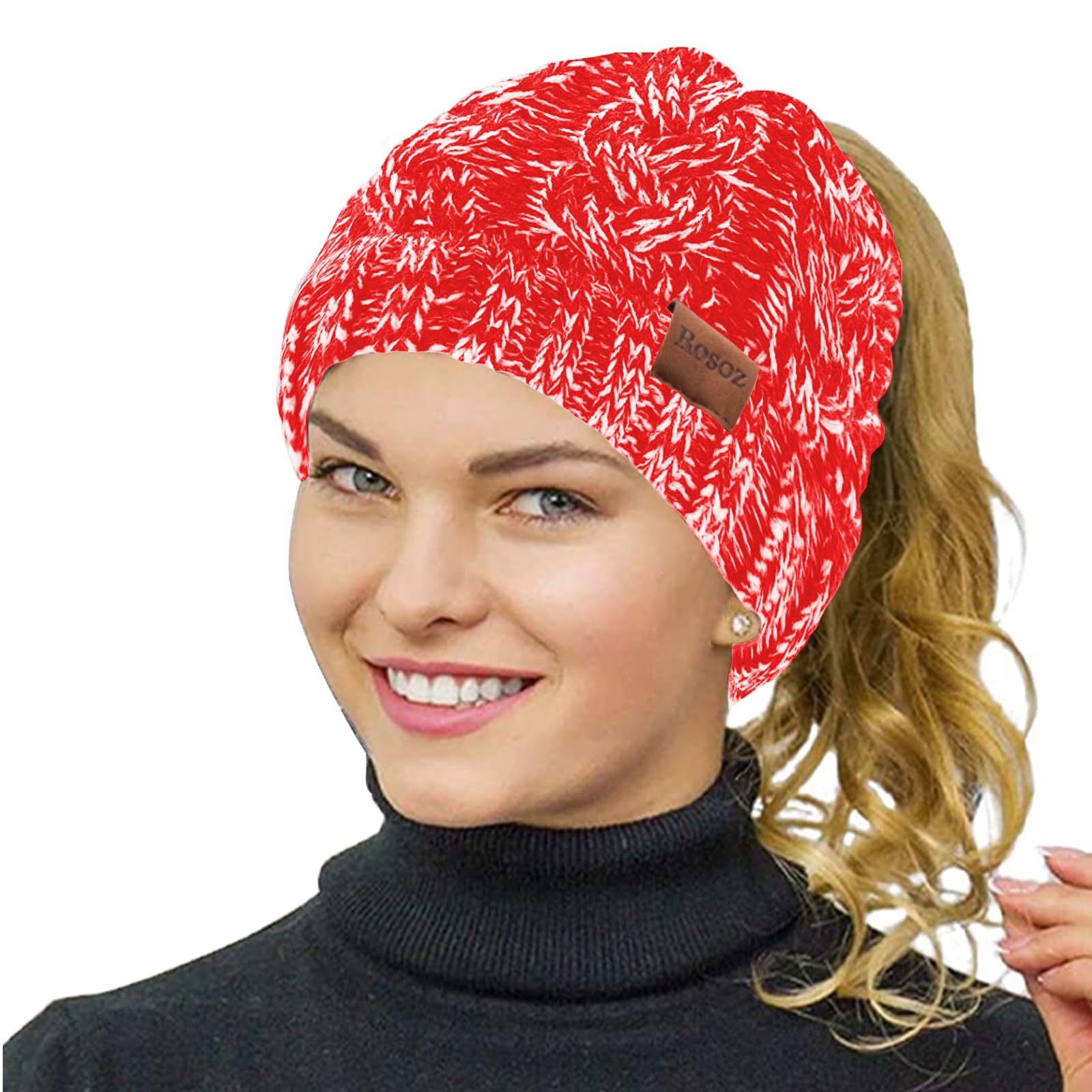 Rosoz Ponytail Beanie for Women,Winter Warm Beanie Tail Soft Stretch Cable Knit Messy High Bun Hat