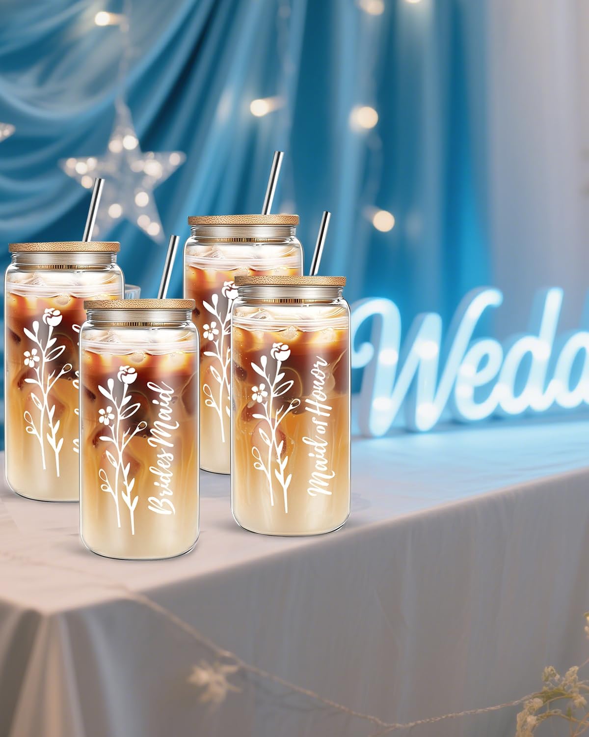 DHQH 4 PCS Bridesmaid Proposal Gifts, 16 Oz Bride Glass Cups with Bamboo Lids and Straw, Maid of Honor Gifts for Bridal Shower Wedding Bachelorette Party - Image 3