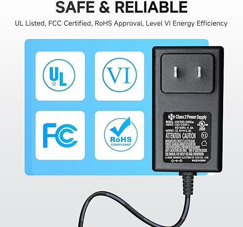 Miniatura 5 de Adaptador de fuente de alimentación de 12 V, 2 A, 6 pies, CA a CC 24 W, 2000 mA, 1500 mA, 1000 mA, 500 mA, cable de alimentación de repuesto con