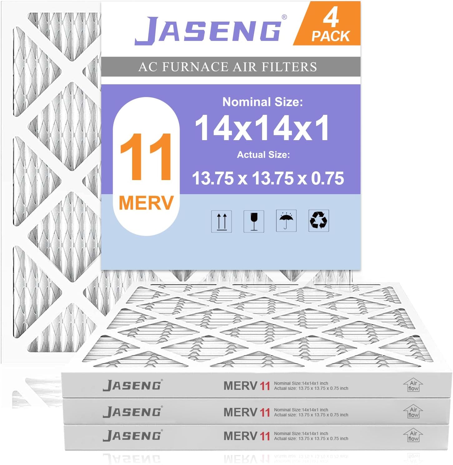 14x14x1 Furnace Air Filters 4 Pack, MERV 11 MPR 1000 & FPR 7 Filtering, HVAC Air Filter Replacement (exact dimensions: 13 3/4"x 13 3/4"x3/4")