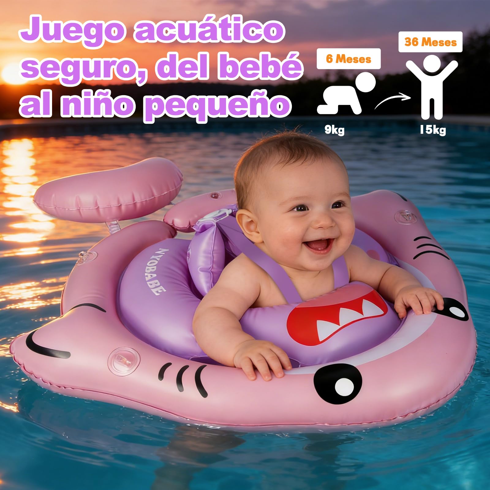 NYOBABE Flotador Bebe para 6-36 Meses, Flotador Bebe con Sombrilla UPF 50+ y Doble Cámara de Aire, Asiento de Seguridad Ajustable, Cámara de Aire Trasera Antivuelco, Flotador para Bebés 1-3 Año