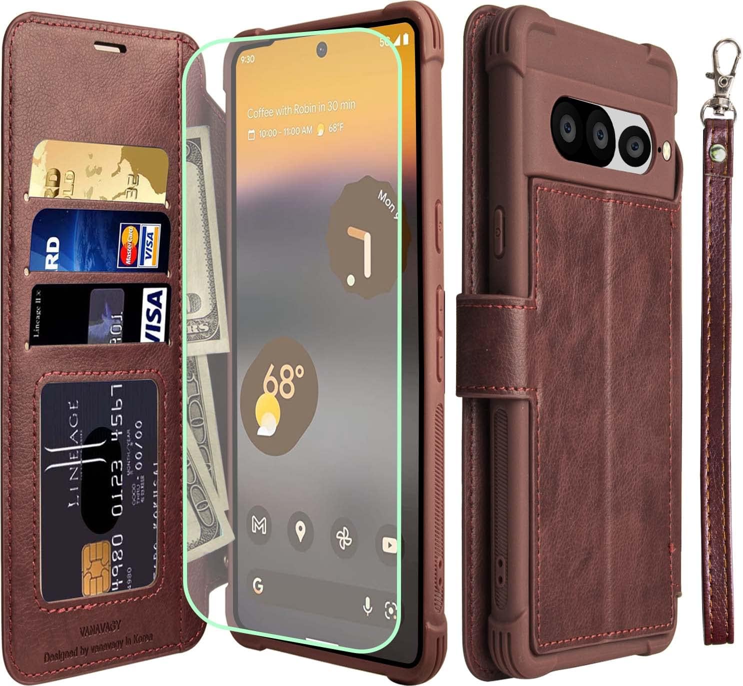 VANAVAGY Wallet Case Compatible for Google Pixel 7 Pro with RFID Blocking Card Holder, PU Leather Flip Phone Cover with Strap for Wireless Charging with Screen Protector for Women Men,Navy Blue